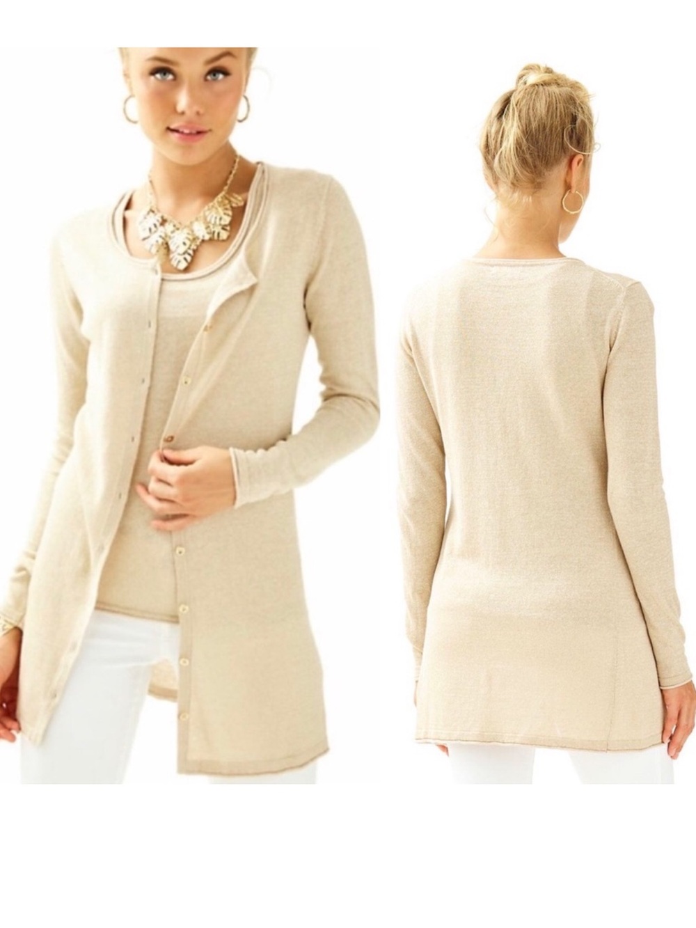 Lilly Pulitzer Jacey Gold Metallic Button Front Cardigan Longline Linen Sz S NWT